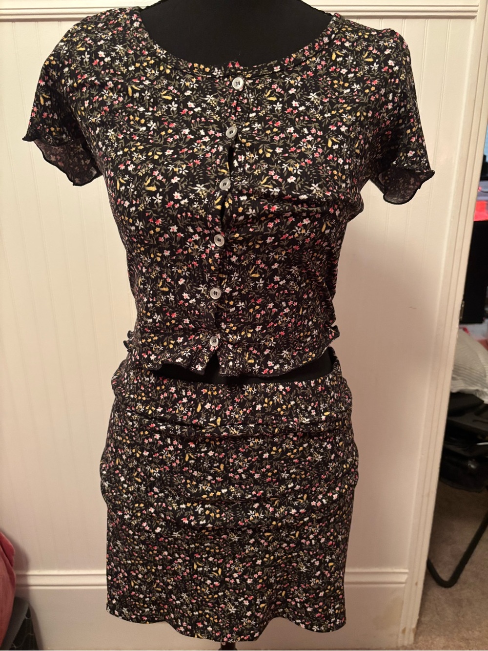 Love Tree Black Floral Two-Piece Skirt Set with Pink & Yellow Accents